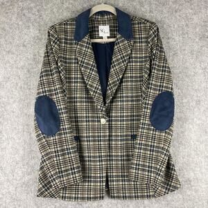 Susan Graver Tailored Jacquard Knit Blazer Women Medium Plaid Elbow Patch Career